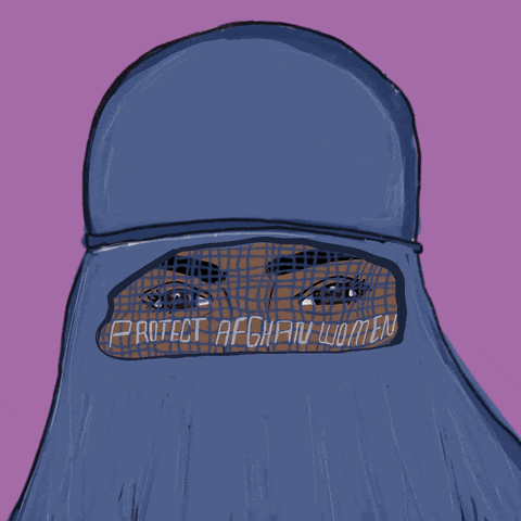 Image of a woman in a hijab with the phrase "protect Afghan women" written across her face