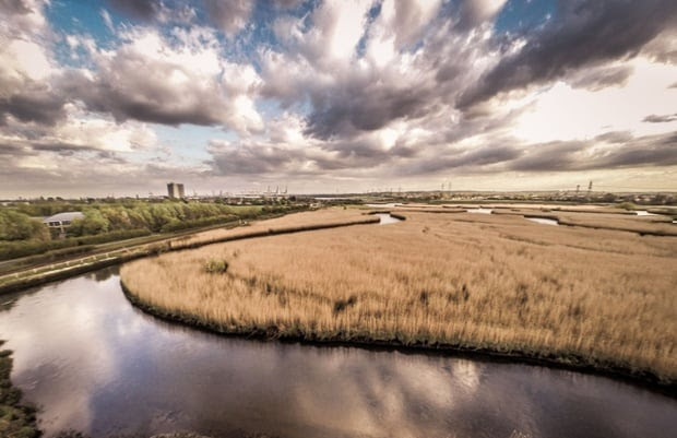 Rus Turner, drone photograph of clouds above the River Test at Nursling, Hampshire, UK. Photo: Rus Turner.