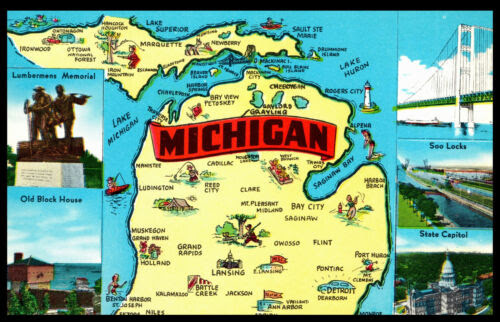 Michigan State Map Tourist Attractions Landmarks Chrome Postcard | eBay