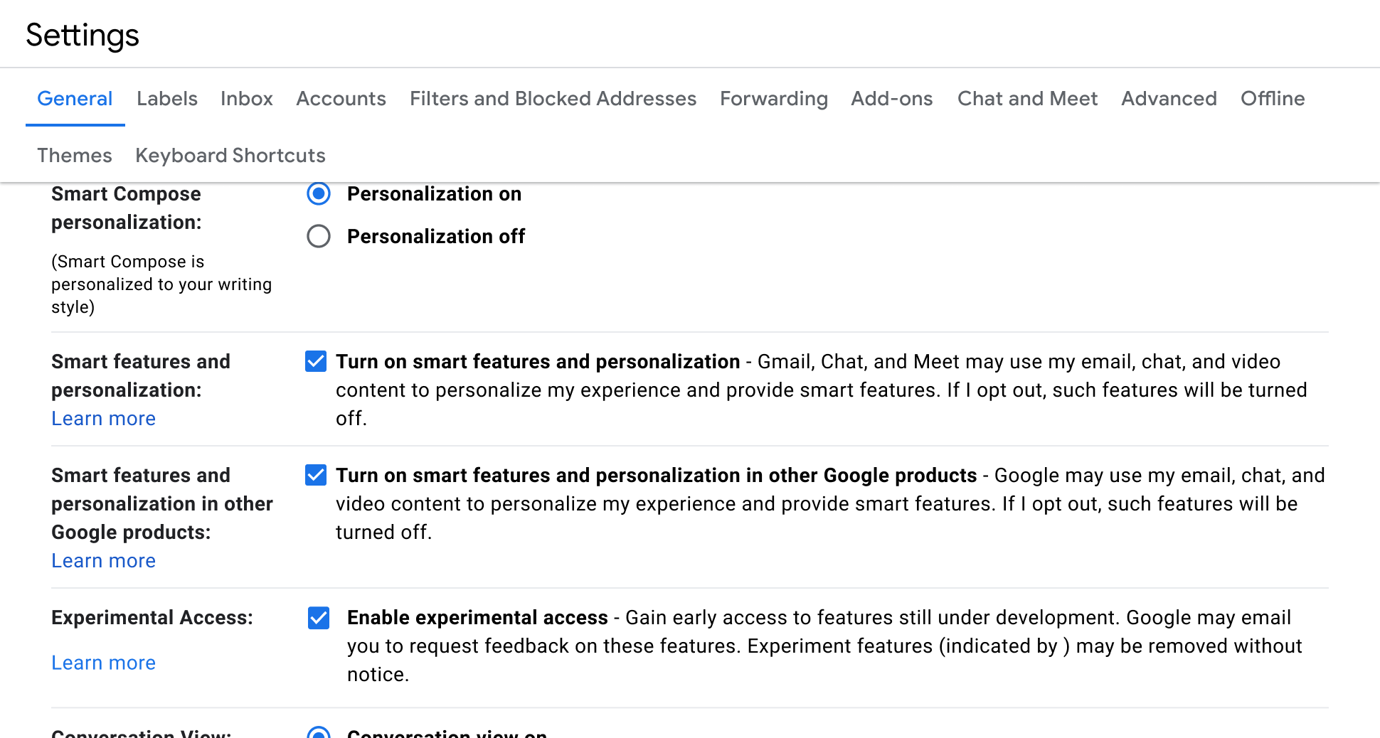 Smart features and personalisation settings in Gmail settings