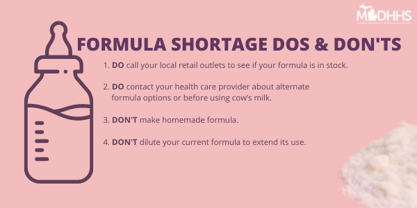 Graphic showing formula shortages dos and don'ts.