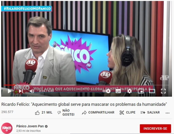 Print do vídeo do YouTube “Ricardo Felício: Aquecimento global serve para mascarar os problemas da humanidade”, publicado pelo canal Pânico Jovem Pan
