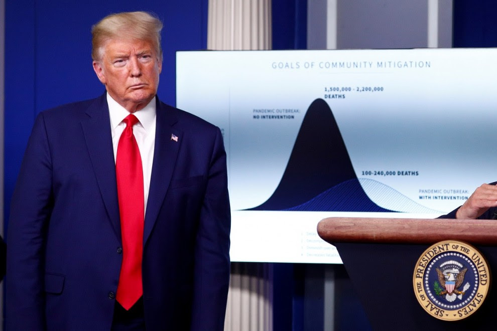 El presidente de los EEUU, Donald Trump, junto a un gráfico que muestra las muertes proyectadas por el coronavirus, en una sesión informativa en la Casa Blanca, en Washington. REUTERS/Tom Brenner