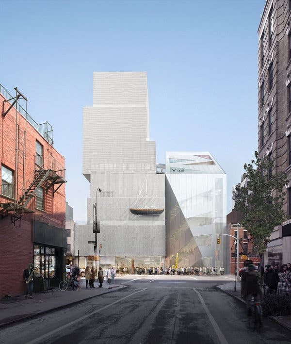 Rendering of the New Museum and its addition, seen from Prince Street, shows how the materials of OMA&rsquo;s addition, at right, pays tribute to Sanaa&rsquo;s rough-hewed pointillist look, at left. The addition&rsquo;s facade is made of a mesh that appears metallic during the day.