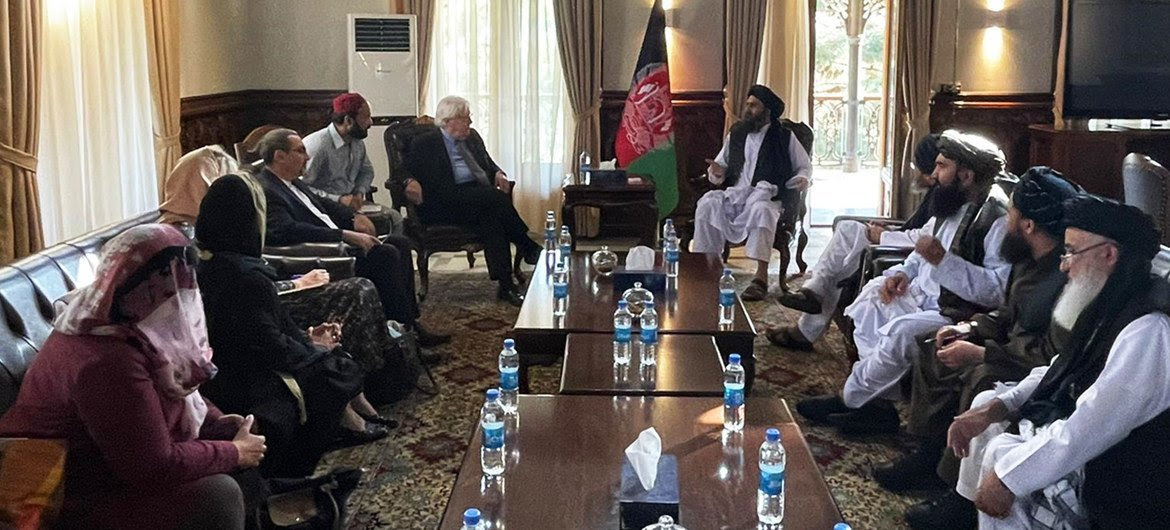 Martin Griffiths, Under-Secretary-General for Humanitarian Affairs and UN Emergency Relief Coordinator, discusses humanitarian issues with the leadership of the Taliban in Kabul, Afghanistan. Martin Griffiths, Under-Secretary-General for Humanitarian Affairs and UN Emergency Relief Coordinator, discusses humanitarian issues with the leadership of the Taliban in Kabul, Afghanistan.