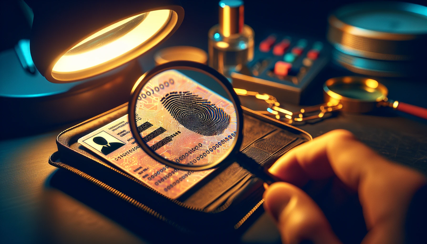 A magnifying glass inspecting a fake ID for security features