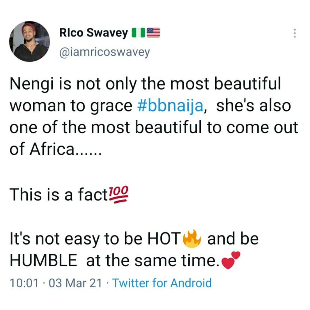 Nengi is the most beautiful girl to participate in BBNaija - Former housemate, Rico Swavey, declares