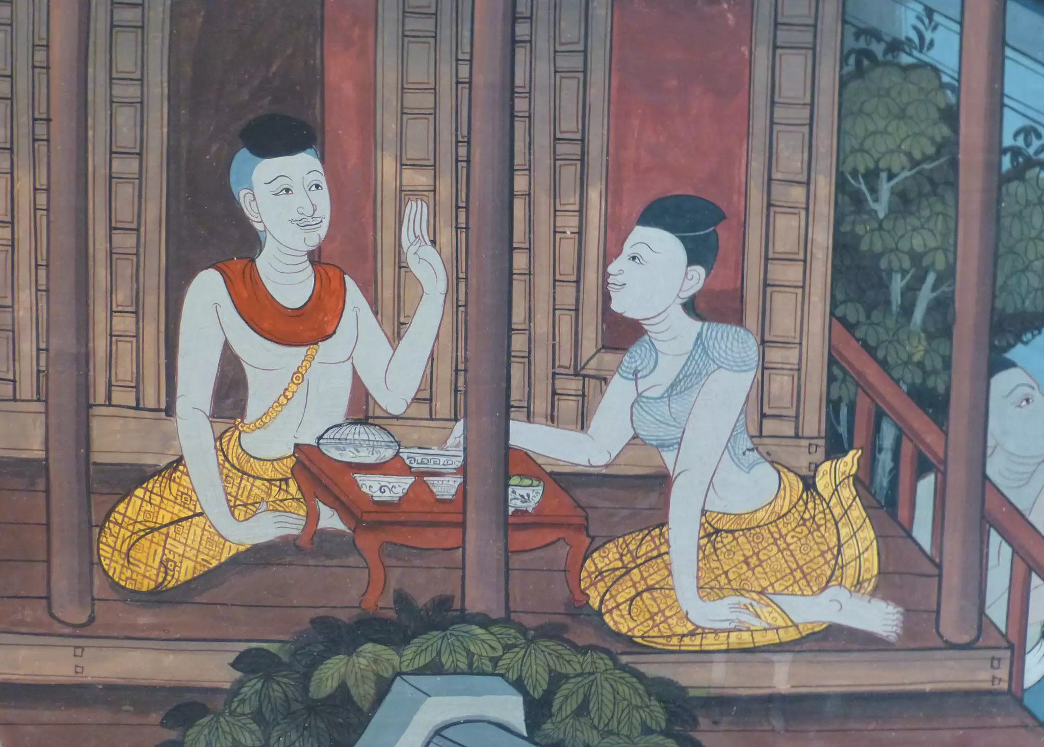 Painting of Dhammadinna and Viskha from from a mural at Wat Pho, a temple in Bangkok, Thailand.