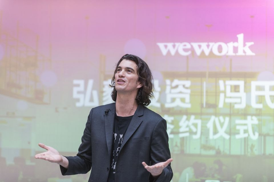 Adam Neumann, co-founder and chief executive officer of WeWork, speaks during a signing ceremony at WeWork Weihai Road flagship on April 12, 2018 in Shanghai, China. World's leading co-working space company WeWork will acquire China-based rival naked Hub for 400 million U.S. dollars.  (Photo by Jackal Pan/Visual China Group via Getty Images)