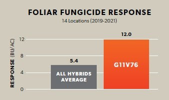 G11V76 response to foliar fungicide application across 14 locations in 2019 through 2021. Source: Syngenta.