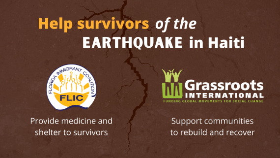 Graphic urging donations to FLIC and GRI for Haiti relief efforts
