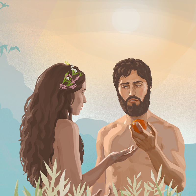 Adam hält
            die verbotene Frucht in der Hand, die Eva ihm angeboten
            hat.