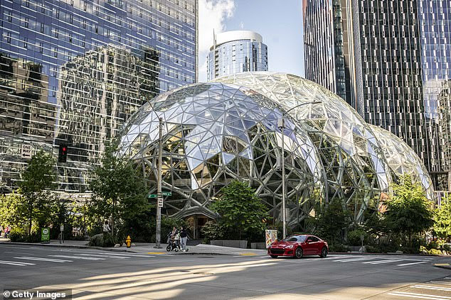 It's the first time that Amazon has worked on its own drug although the company has recently shown a greater interest in healthcare. Pictured, the exterior of The Spheres are seen at the Amazon headquarters in Seattle