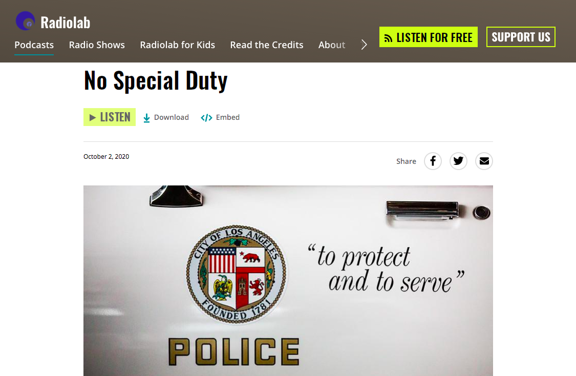 Captura de pantalla del sitio web de Radio Lab con detalles sobre el episodio 