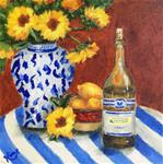 A Few of My favorite Things Still life with sunflowers, lemons, wine, blue and white - Posted on Monday, March 16, 2015 by Kim Peterson