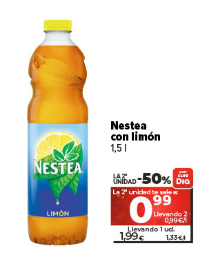 NESTEA al limón botella de 1,5 l ahora un 50% más barato la segunda unidad con CLUBDia a 0,99€/ud Llevando 2 a 0,99€/l. Llevando 1 unidad a 1,99€ a 1,33€/l