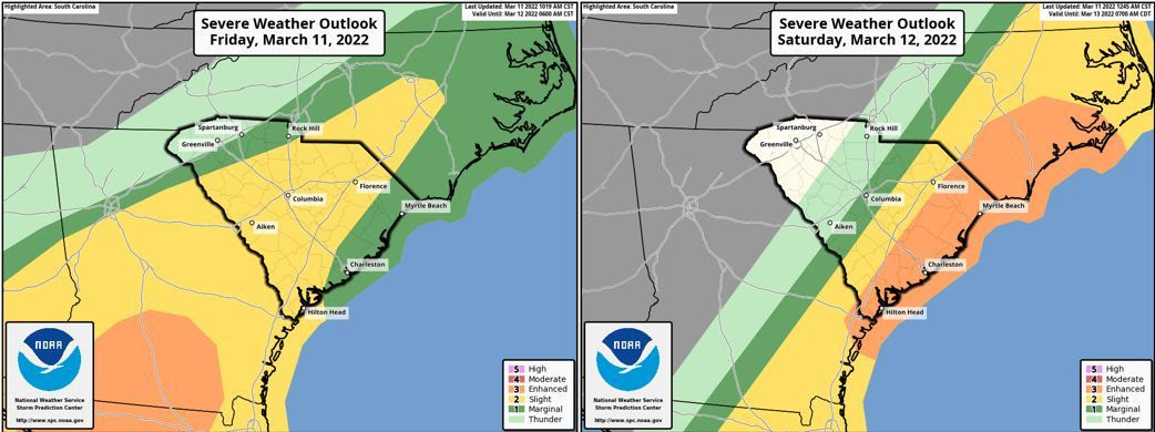 SPC outlooks for today and Saturday; outlook periods are from 1200 UTC of the outlook day to 1200 UTC the following day (7 a.m. to 7 a.m. EST)