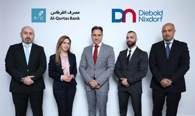 (left to right) Hicham Yamout, Area Manager, Diebold Nixdorf; Luma Attar, Deputy CEO, Al-Qurtas Islamic Bank; Habib Hanna, Area Managing Director, Diebold Nixdorf; Nashwan Wali, Head of Branches, Al-Qurtas Islamic Bank; Tarek Qubain, Managing Partner, Offtec.