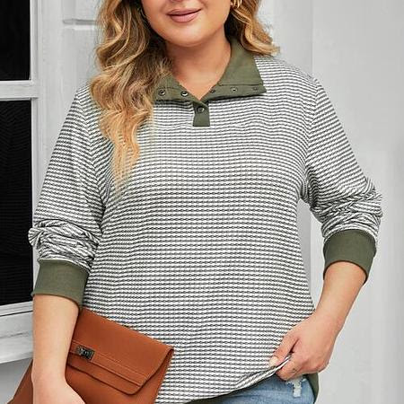 Plus Size Striped Half Snap Long Sleeve Blouse