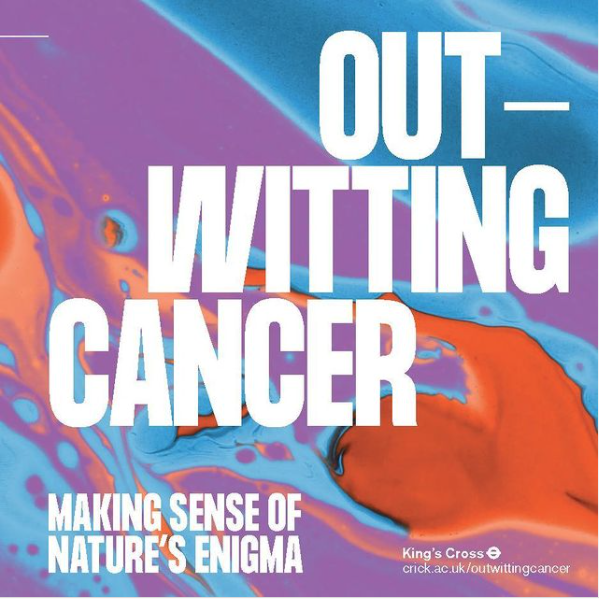 The words "Out-witting cancer: making sense of nature's enigma" in white capital block letters across a background of swirling blue, purple and orange shapes