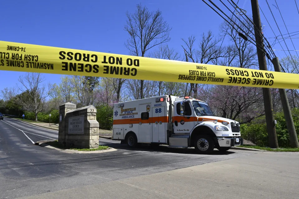 An ambulance leaves of Covenant School, Covenant Presbyterian Church, in Nashville, Tenn. Monday, March 27, 2023. Officials say several children were killed in a shooting at the private Christian grade school in Nashville. The suspect is dead after a confrontation with police. (AP Photo/John Amis)