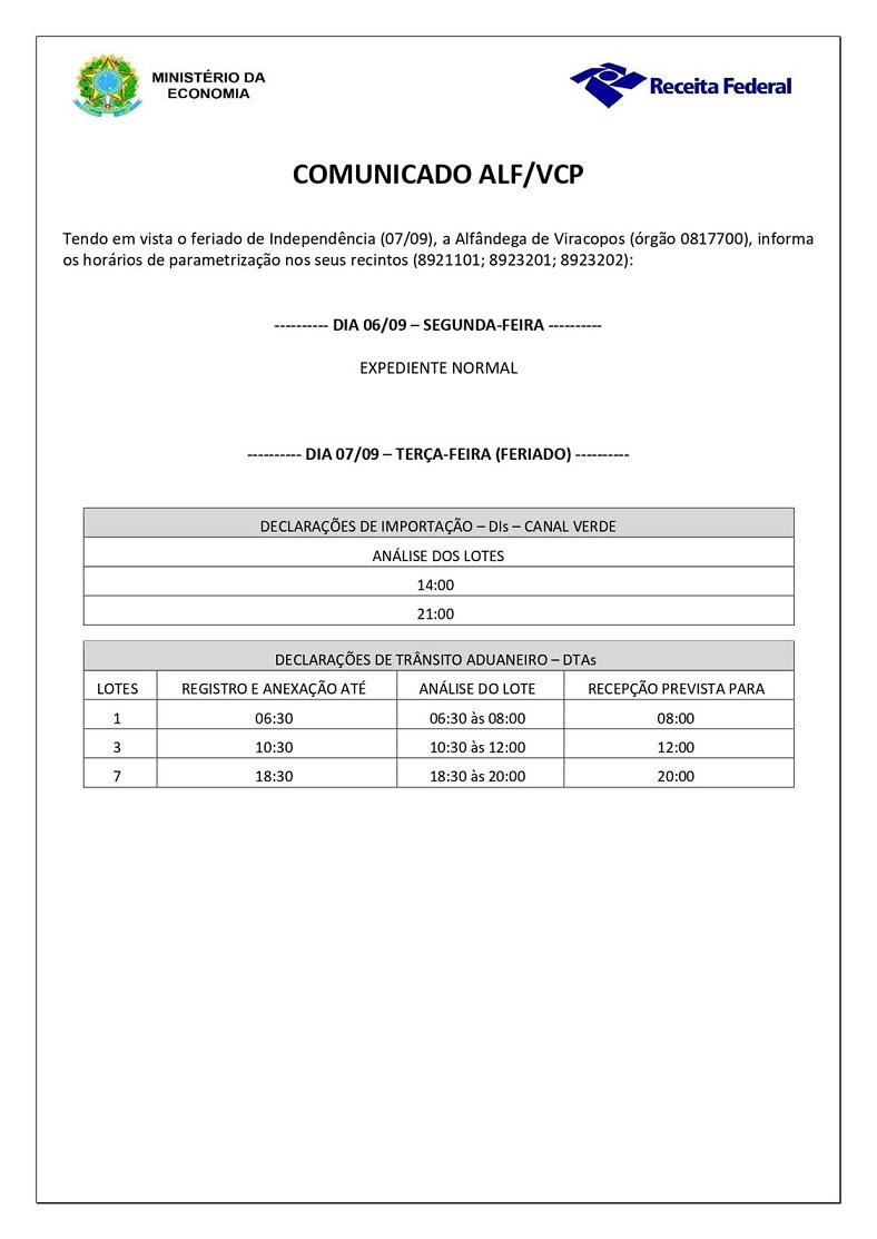 COMUNICADO ALF VCP- DECLARAÇÕES DE IMPORTAÇÃO FERI