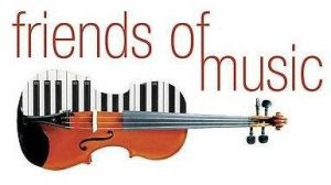 Logo - Friends of Music name above a violin half-covered in piano keys