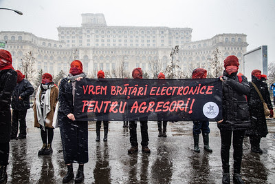 Am protestat în fața Parlamentului pentru introducerea brățărilor electronice pentru agresori