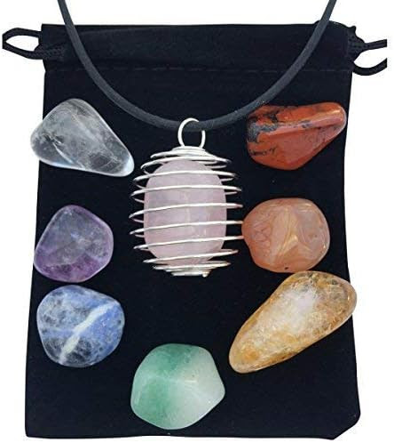 Zangrala Healing Crystals and Stones - 7 Chakra Stone Set with Rose Quartz and Cage Necklace– Charged with Reiki Energy - Carry a Spiritual Stone with You and Raise Your Vibrational Frequency