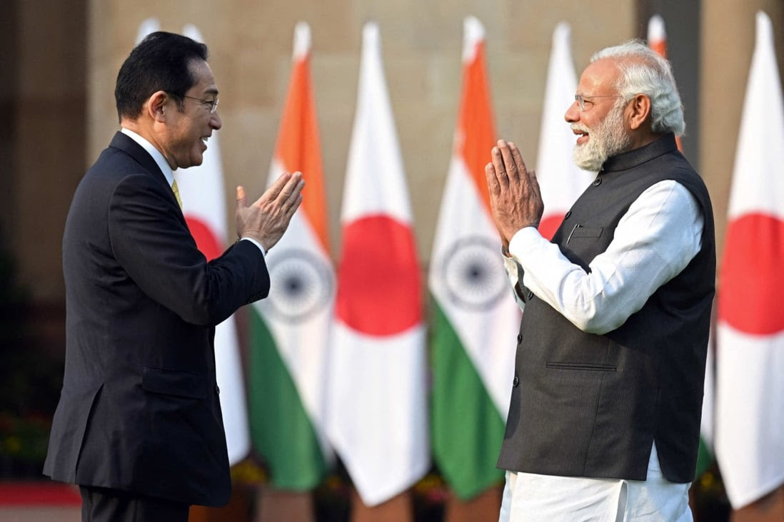 Japan’s Prime Minister Fumio Kishida and Indian Prime Minister Narendra Modi meet in New Delhi. Photo: AFP