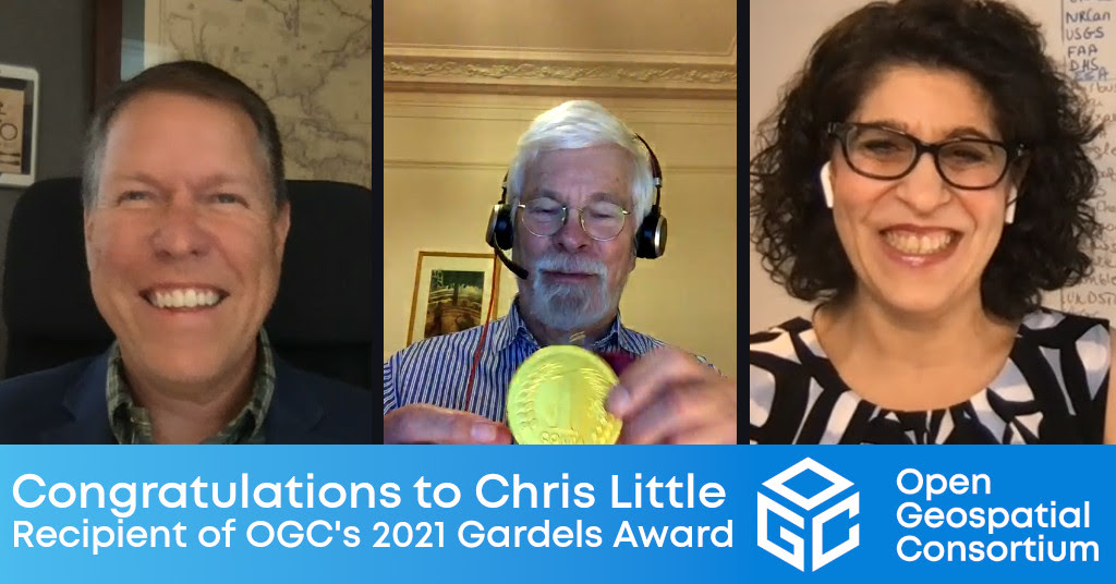 Left to Right: OGC Chief Standards Officer, Scott Simmons, Gardels Recipient Chris Little, and OGC CEO Nadine Alameh.