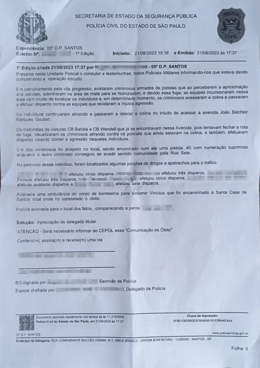 Boletim de ocorrência de Vinicius de Souza Silva, jovem morto pela PM durante Operação Escudo no litoral de São Paulo