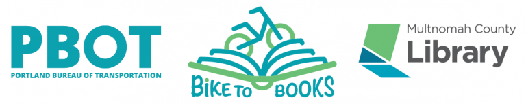 Multnomah County Library, PBOT and Bike to Books logos