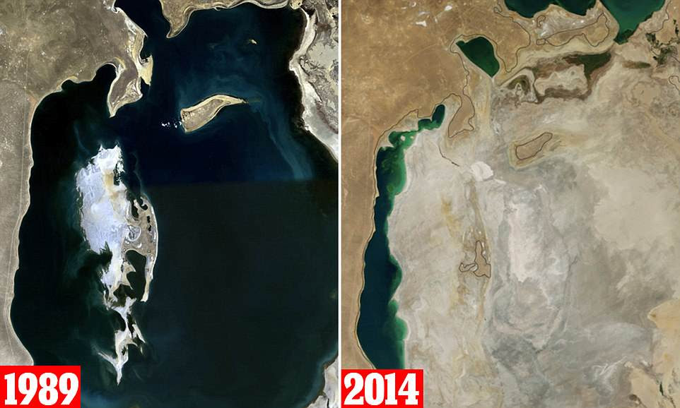 Once the fourth-largest inland expanse of water in the world, the sea once covered an area of 26,000 square miles—an area larger than the state of West Virginia. Pictured is a comparison of the Aral Sea in 1989 (left) and 2014 (right)