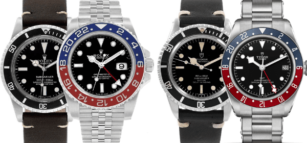 vintage Rolex Submariner, Rolex GMT-Master II Pepsi 126710, vintage Tudor Submariner, and Tudor Black Bay GMT watch