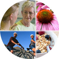 Collage of echinacea, healthy food, exercise and practitioner with patient