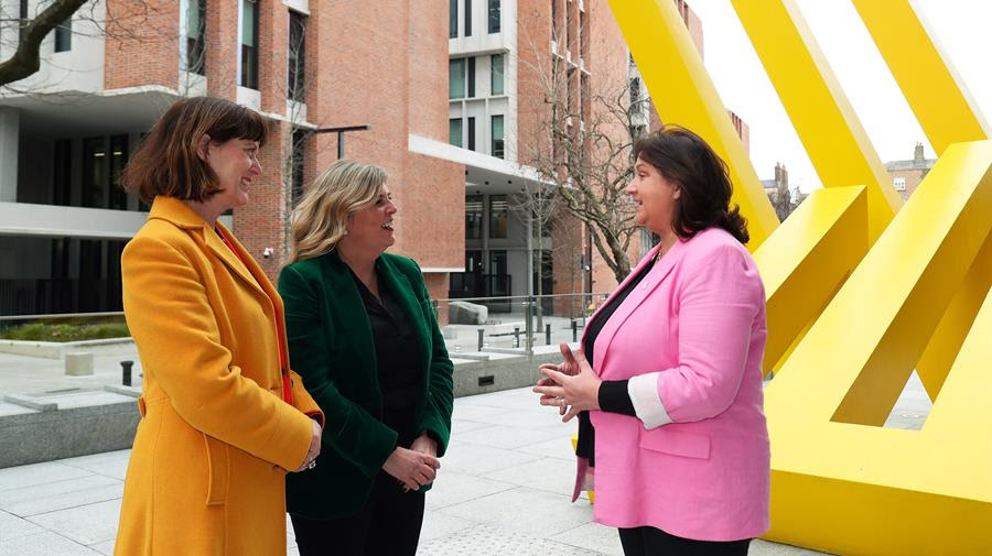 A photo of Deirdre Mortell, CEO of Rethink Ireland, Karen Galligan, Head of Equality at Rethink Ireland, and Anne Rabbitte TD, Minister of State with special responsibility for Disability at the Department of Health and at the Department of Children, Equality, Disability, Integration and Youth, chatting.