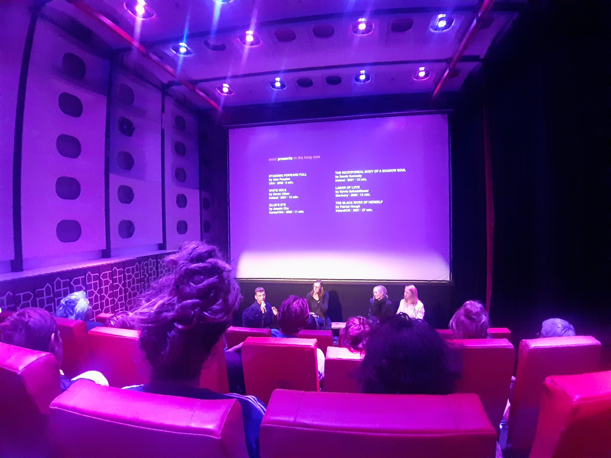 Tim Leyendekker, Eavan Aiken, Sandy Kennedy and Alice Butler all take part in a Q&A discussion inside a busy alternative cinema space lit with purple lighting. The walls are made from the windows of airplanes, and the red seats the audience sit in are also repurposed from an airplane