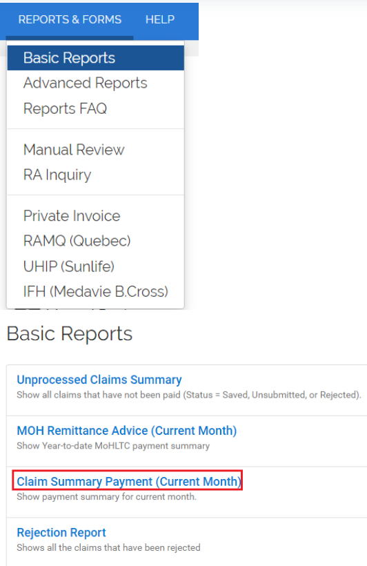 Basic reports menu