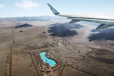 The lagoon powered by Crystal Lagoons technology® at Citystars Sharm El Sheik project in the middle of the Sinai desert seen from the air. 
