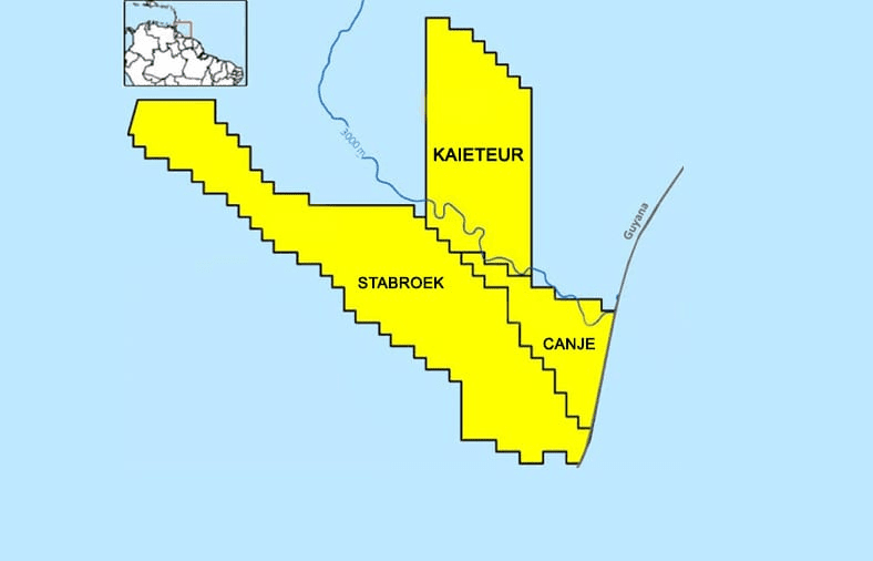 A map showing the location of the Kaieteur, Canje and Stabroek Blocks, all of which are operated by ExxonMobil’s subsidiary, EEPGL