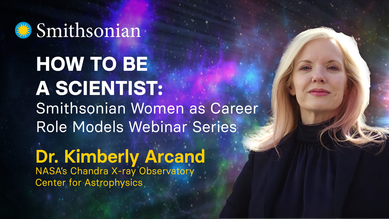 A youtube banner featuring Dr. Kimberly Arcand in the foreground and a supernova illustration in the background