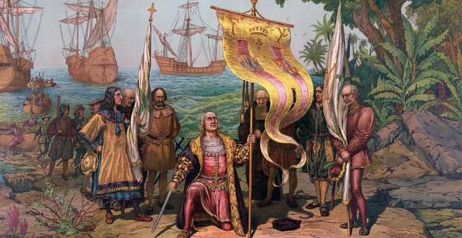 Ilustración de Colón tomando posesión de Guanahani en nombre de los Reyes Católicos el 12 de octubre de 1492. WIKIPEDIA