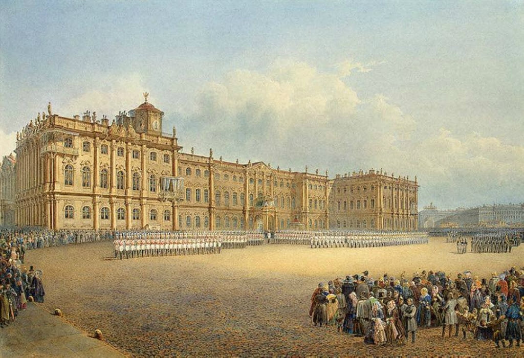 Первоначально окраска дворца имела жёлтые оттенки, как у Версаля и Шёнбрунна.jpg