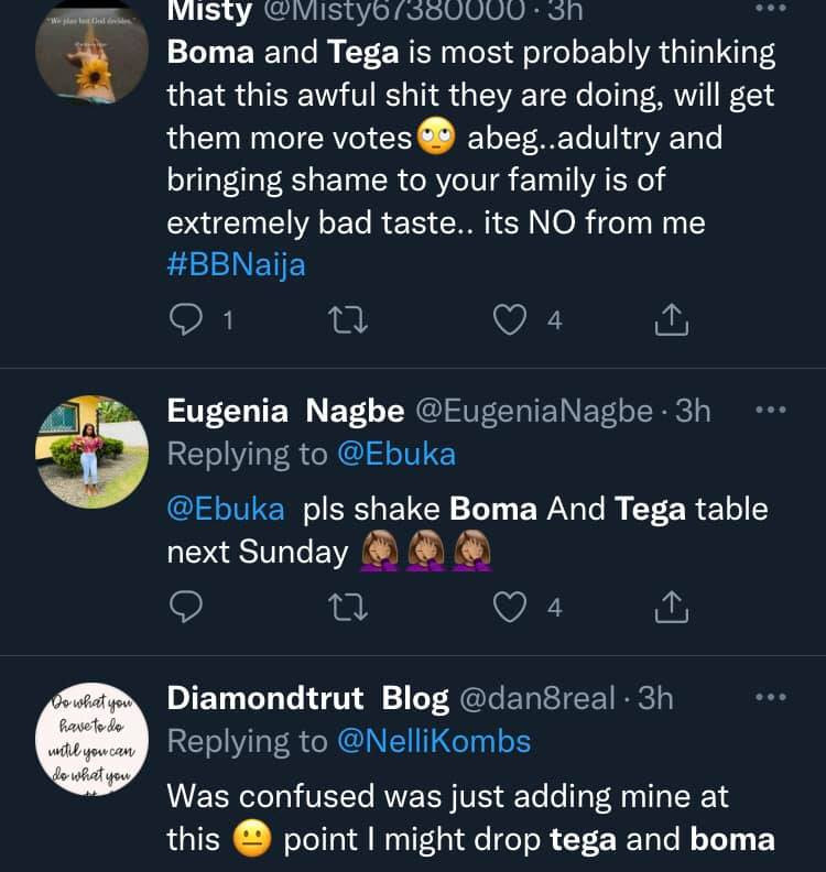 #BBNaija: Shameful for a married woman - Nigerians react to clip of Boma and Tega under the duvet during lights out (video)