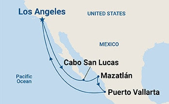 Map shows port stops for Mexican Riviera. For more details, refer to the List of Port Stops table on this page.