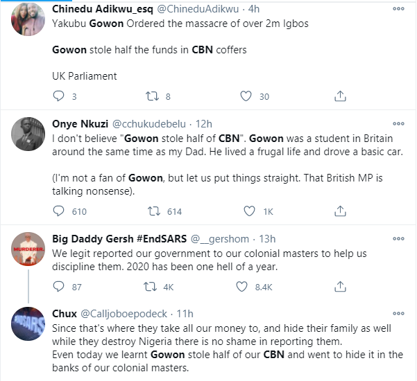 Nigerians reacts to Member of British parliament claiming that former Head of State, Yakubu Gowon left with half of Central Bank 