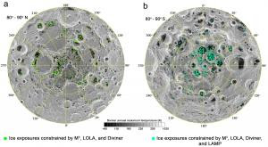 Exposed water ice (green or blue dots) in lunar polar regions and temperature. Credit: Shuai Li.
