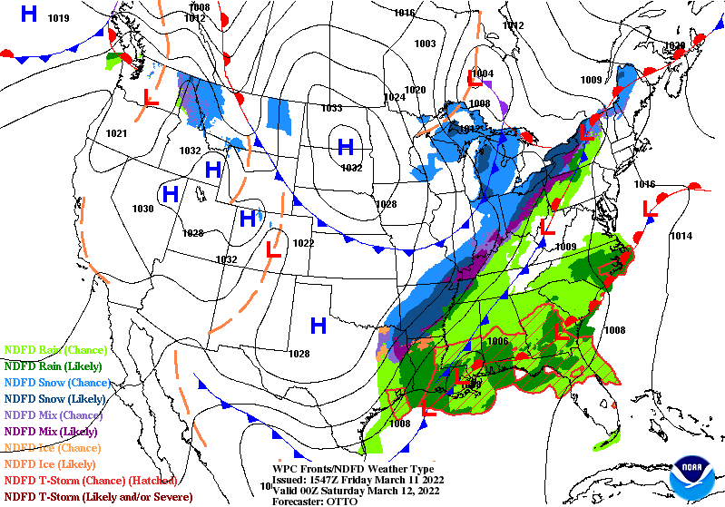 Weather map for this evening from the Weather Prediction Center