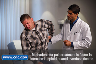 Photo of patient in pain at doctor's office. Methadone for pain treatment is factor in increase in opioid-related overdose deaths. www.cdc.gov